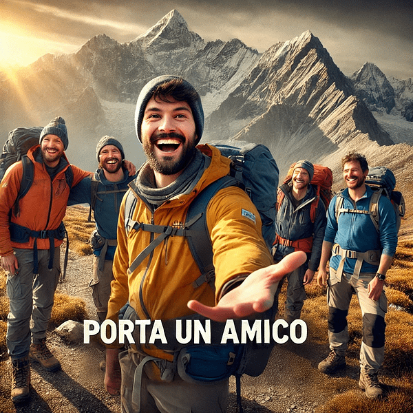 DALL·E 2025-02-11 09.40.42 - A promotional image for a 'Bring a Friend' discount on Himalayan trekking, with text in Italian. The image features a group of happy trekkers in the H