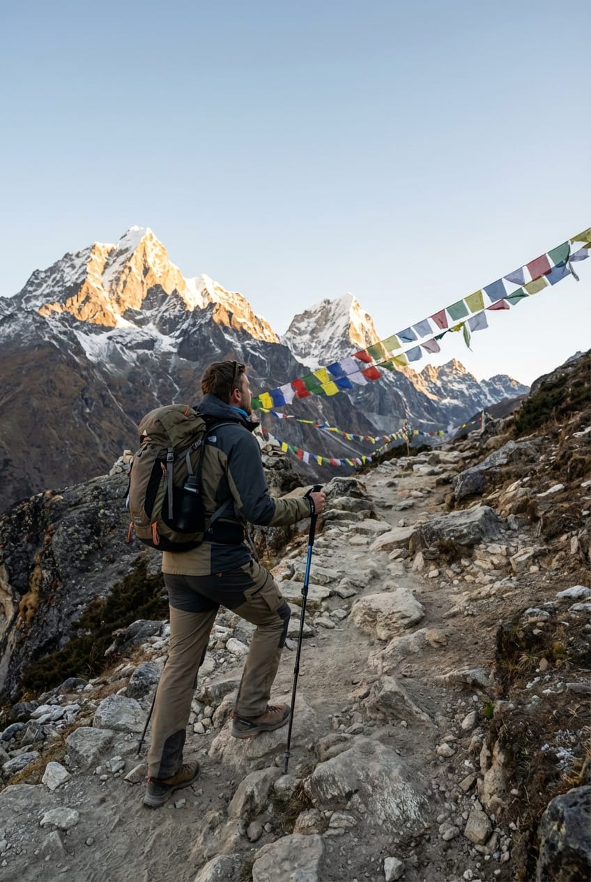 Fotografia naturale senza testo di un escursionista su sentiero himalayano con bastoncini, in salita su terreno roccioso, bandiere di preghiera sullo sfondo e grandi vette innevate illuminate da luce mattutina