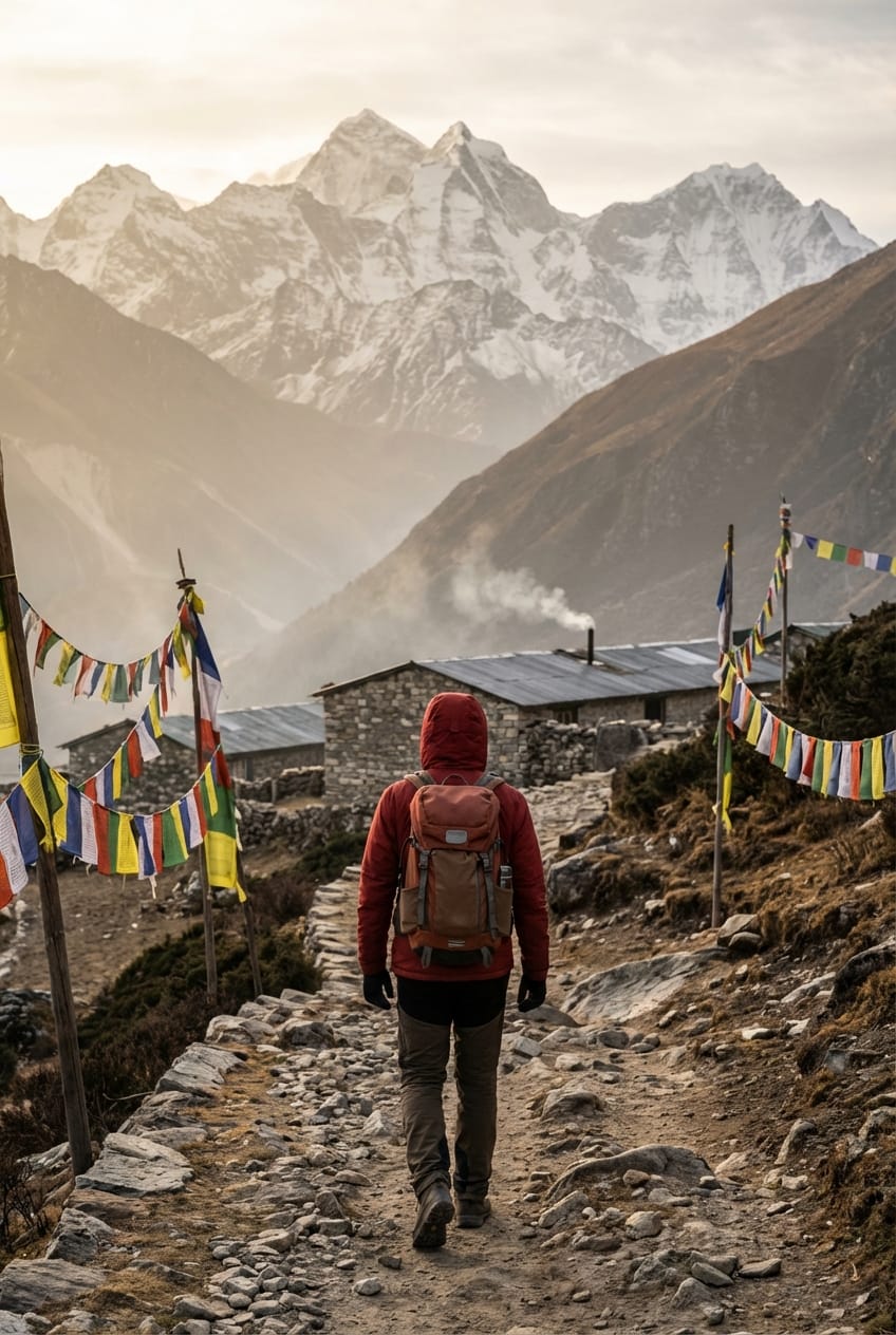Trekker che cammina su un sentiero himalayano tra bandiere di preghiera, lodge in pietra sullo sfondo e vette innevate in lontananza, luce del mattino, senza testo