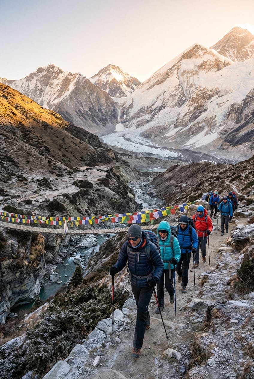 Trek in Himalaya con ponte e bandiere di preghiera