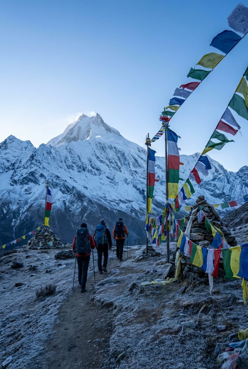 Trekker sul Manaslu Circuit nei pressi del Larkya La, con bandiere di preghiera e montagne sullo sfondo
