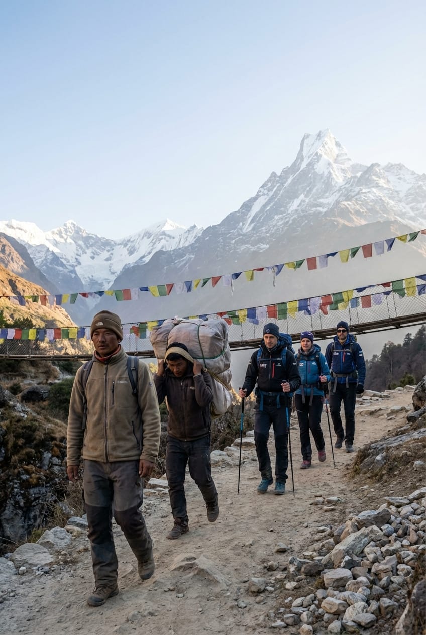 Scena realistica di trekking in Nepal su un sentiero himalayano: una guida nepalese e un portatore camminano con un piccolo gruppo di escursionisti, sullo sfondo vette innevate e bandiere di preghiera mosse dal vento, luce naturale del mattino, senza testo