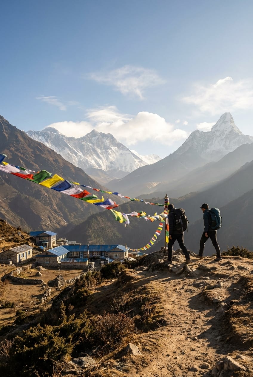 Escursionisti lungo un sentiero himalayano al mattino